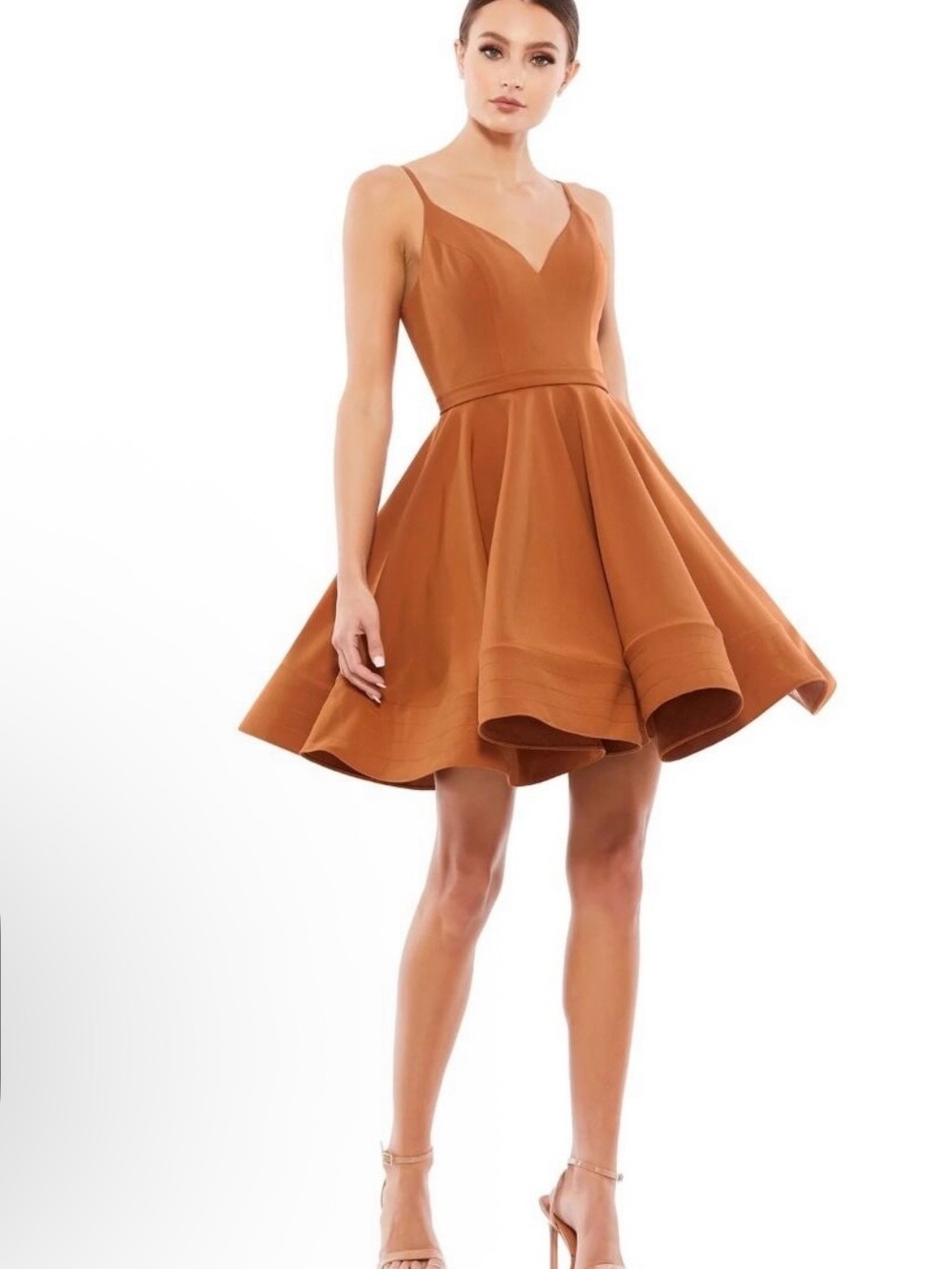 NWT Ieena Mac Duggal 48775 Camel V-Neck Fit & Flare Mini Dress Size 2 Belt Note
